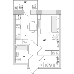 Однокомнатная квартира 36 м²