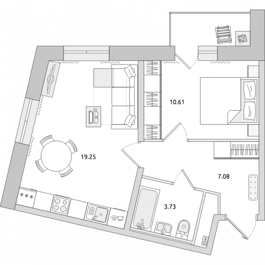 Однокомнатная квартира 44 м²