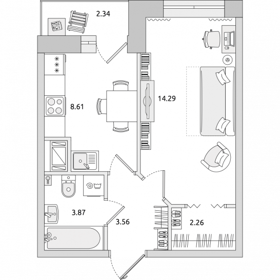 Однокомнатная квартира 35 м²