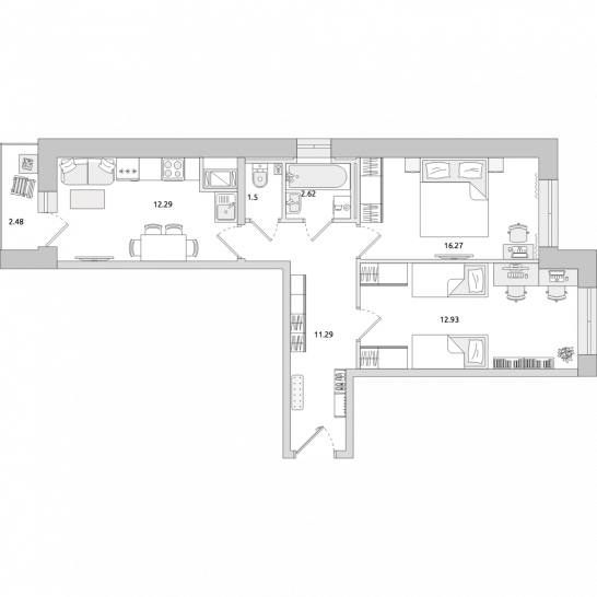 Двухкомнатная квартира 59 м²