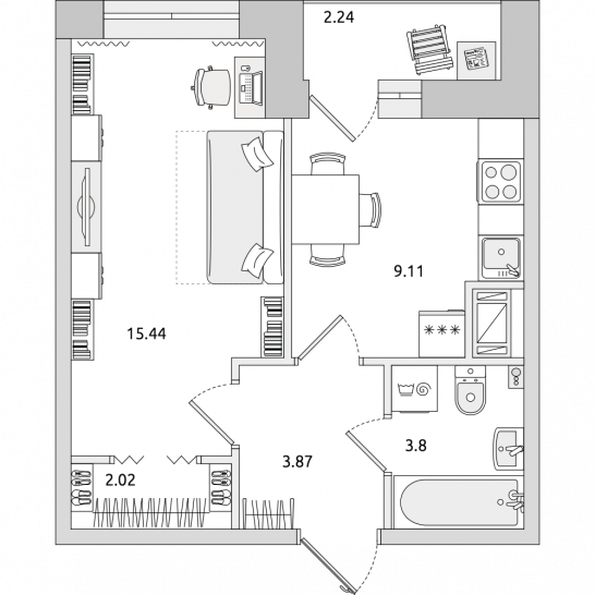 Однокомнатная квартира 36 м²