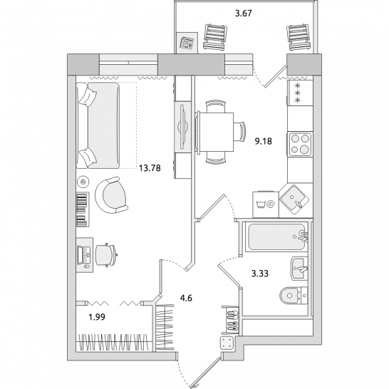 Однокомнатная квартира 37 м²