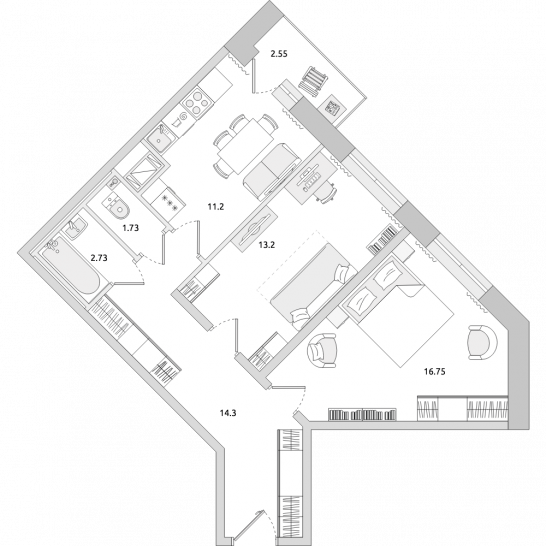 Двухкомнатная квартира 62 м²
