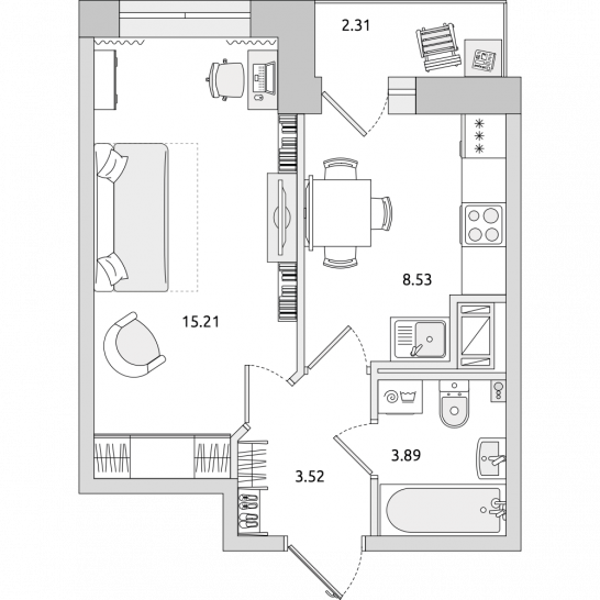 Однокомнатная квартира 33 м²