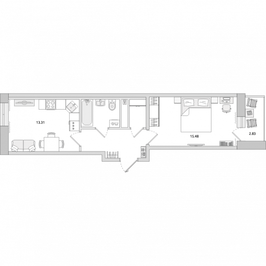 Однокомнатная квартира 43 м²