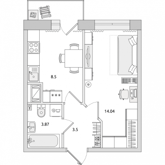 Однокомнатная квартира 32 м²