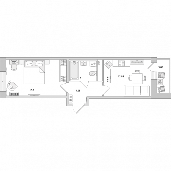 Однокомнатная квартира 41 м²